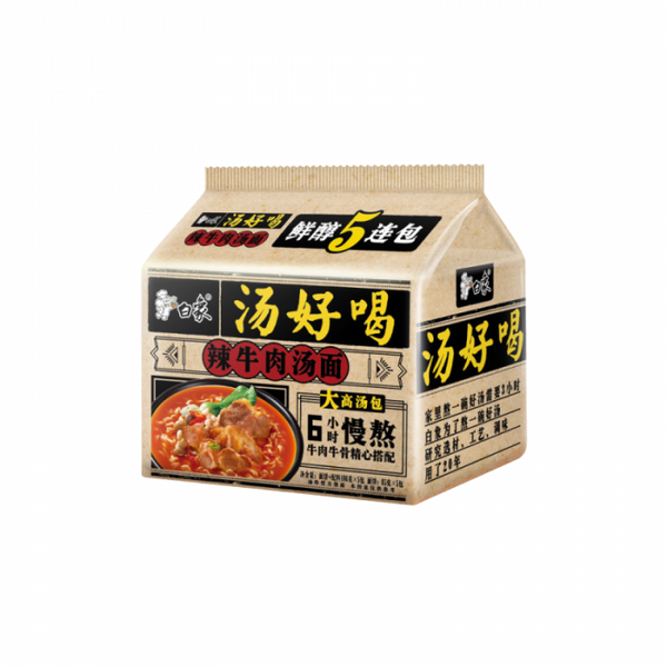 Baixiang Instant Noodle Spicy Beef Soup Flavor 5X111G - 白象汤好喝辣牛肉汤味面五连包